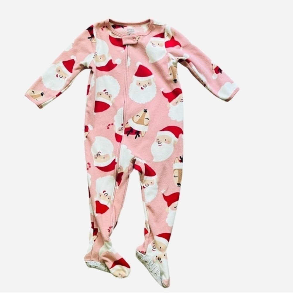 Carter’s pink fleece footie sleeper pajamas with Santa Claus face zip Girl 18M